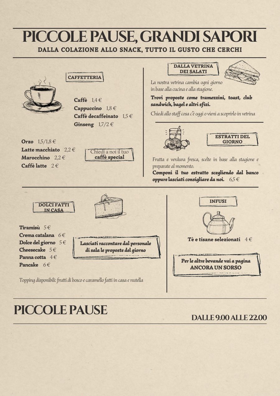Anteprima della pagina caffetteria e dolci del menù del Salottino